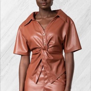 Nanushka Brown Thora Vegan Leather Twist Top
